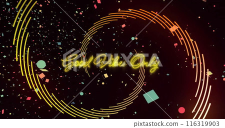 Image of good vibes only text over confetti and shapes on black background 116319903