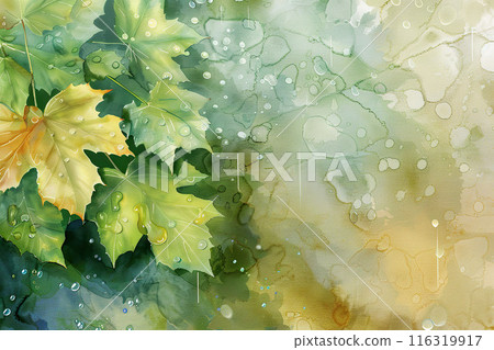 Watercolor painting of green leaves with raindrops showcasing nature's beauty 116319917
