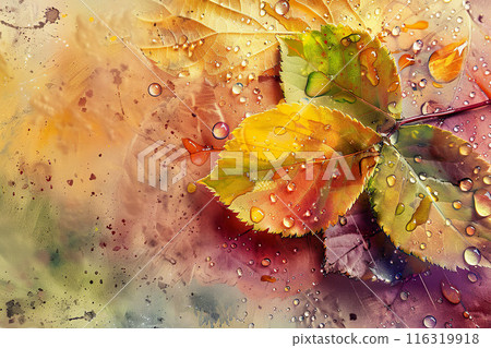 Watercolor painting of autumn leaves with raindrops in vibrant colors 116319918