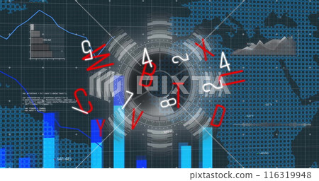 Image of scope scanning and data processing over world map Image of scope scanning and data processing over world map 116319948