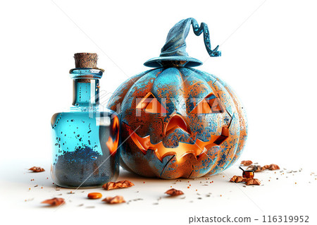 Halloween pumpkin with witch hat and blue potion bottle on white background 116319952