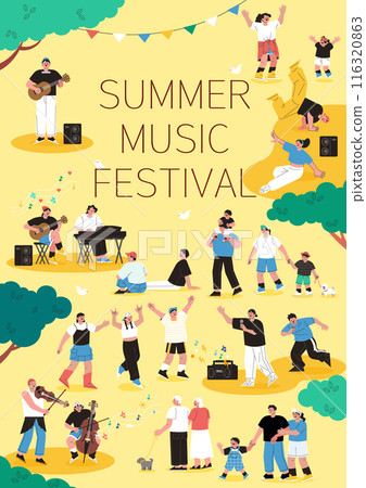Illustration of people enjoying busking dance and music in the summer square 116320863