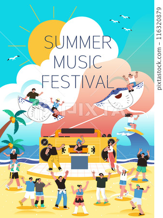 Illustration of people enjoying music at a summer music festival Illustration of people enjoying music at a summer music festival 116320879