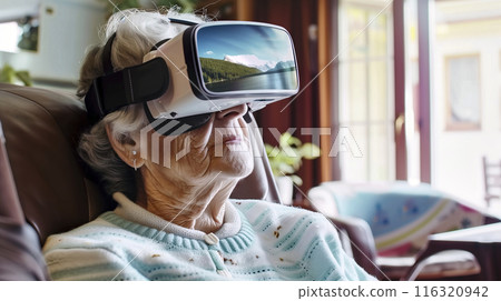 Elderly woman enjoys the comfort of her home while experiencing virtual reality, marveling at the immersive digital world 116320942