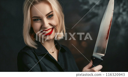 Woman with a captivating smile holds a bloody knife, evoking a chilling and mysterious atmosphere in a dark setting 116320943