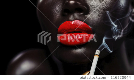 Closeup of woman's red lips with a lit cigarette, smoke curling against a dark backdrop, exuding an enigmatic charm 116320944