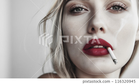 Intimate portrait of a alluring young woman with red lipstick smoking a cigarette, exuding a rebellious and sensual vibe 116320945