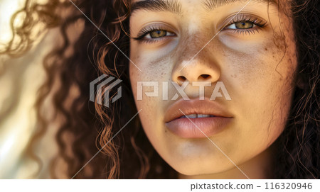 Intimate closeup portrait emphasizing the natural beauty of a young woman with curly hair, freckles, and captivating brown eyes in natural light 116320946
