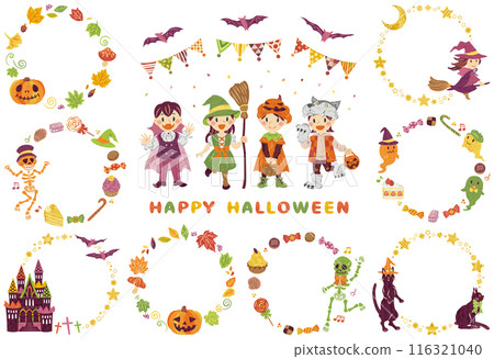 十月萬聖節兒童服裝插畫素材圓框套裝 116321040
