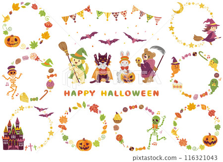 October Halloween Costumed Animals Illustration Material Round Frame Set 116321043