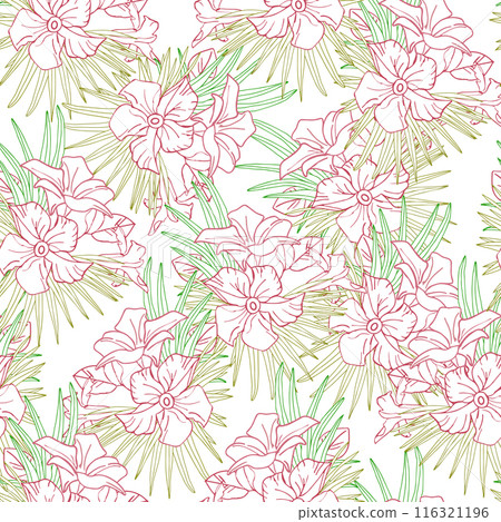 Jasmine flower and palm leaves line art seamless pattern for textile, scrapbook or wallpaper. Delicate tropical flower, vector background 116321196