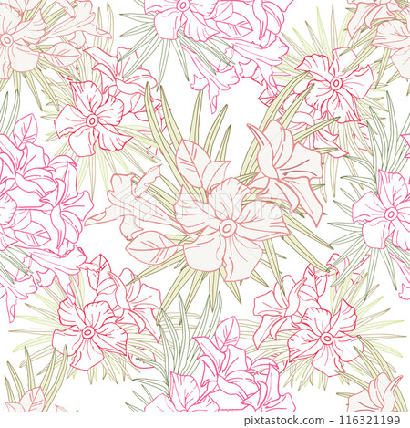 Jasmine flower and palm leaves line art seamless pattern for textile, scrapbook or wallpaper. Delicate tropical flower, vector background 116321199
