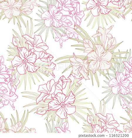 Jasmine flower and palm leaves line art seamless pattern for textile, scrapbook or wallpaper. Delicate tropical flower, vector background 116321200