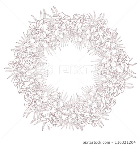 Jasmine flower and palm leaves line art circle frame for card, invite, scrapbook or wallpaper. Delicate tropical flower wreath, vector background 116321204