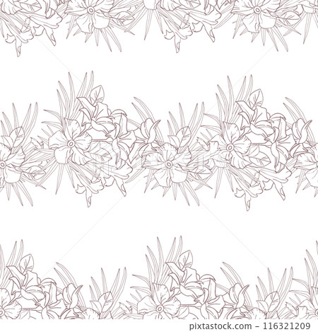 Jasmine flower and palm leaves line art seamless pattern for textile, scrapbook or wallpaper. Delicate tropical flower striped, vector background Jasmine flower and palm leaves line art seamless pattern for textile, scrapbook or wallpaper. Delicate tropical flower striped, vector background 116321209