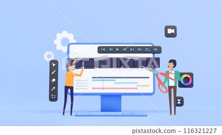 混合 2D 3D | 年輕男女透過在電腦上剪切和粘貼膠片來編輯視頻 混合 2D 3D | 年輕男女透過在電腦上剪切和粘貼膠片來編輯視頻 116321227