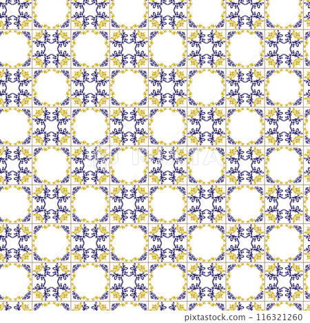 Azuleyo seamless pattern yellow and blue ornament.Portugal geometric ceramics. Azuleyo seamless pattern yellow and blue ornament.Portugal geometric ceramics. 116321260