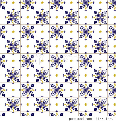 Azuleyo seamless pattern yellow and blue ornament.Portugal geometric ceramics. 116321279