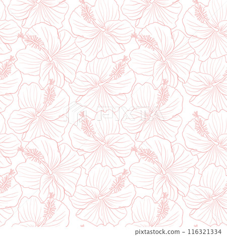 Hibiscus flower seamless pattern for textile design, scrapbook, wallpaper. Line art hand drawn tropical floral background Hibiscus flower seamless pattern for textile design, scrapbook, wallpaper. Line art hand drawn tropical floral background 116321334