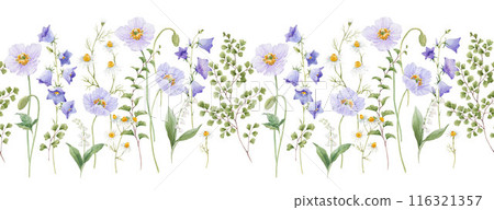Beautiful horizontal summer floral seamless pattern with watercolor hand drawn flowers. Natural floral print. Stock illustration. Surface background and wallpaper design. 116321357