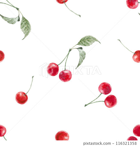 Beautiful geometric seamless pattern with hand drawn watercolor red cherries. Stock illustration. Wallpaper design. Beautiful geometric seamless pattern with hand drawn watercolor red cherries. Stock illustration. Wallpaper design. 116321358