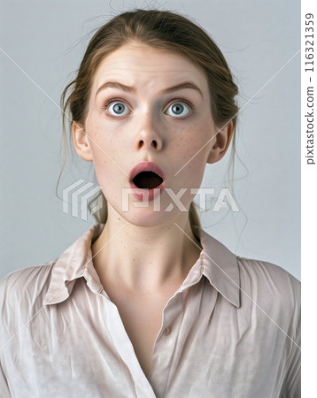 Portrait of an astonished young woman with wide blue eyes and open mouth expressing shock or amazement, isolated on a gray background 116321359
