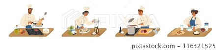 Experienced master chef cartoon character cooking at restaurant table Experienced master chef cartoon character cooking at restaurant table 116321525