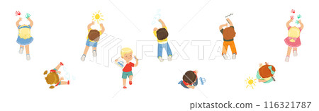 Funny Kid Lying and Drawing with Pencil Vector Set 116321787