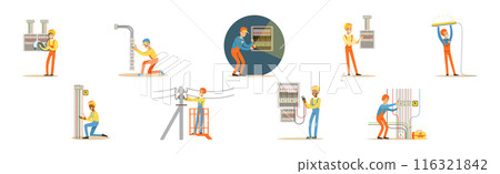 Electrician Man Professional Worker in Uniform Repair Electrical Element Vector Set Electrician Man Professional Worker in Uniform Repair Electrical Element Vector Set 116321842
