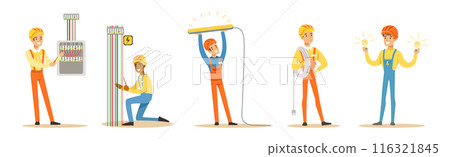 Electrician Man Professional Worker in Uniform Repair Electrical Element Vector Set Electrician Man Professional Worker in Uniform Repair Electrical Element Vector Set 116321845