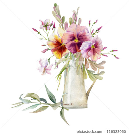 Hand drawn watercolor illustration botanical flowers leaves. Pansy viola, locust indigo branch, pink lobelia jasmine, willow eucalyptus. Bouquet in jug isolated white background. Wedding, love cards Hand drawn watercolor illustration botanical flowers leaves. Pansy viola, locust indigo branch, pink lobelia jasmine, willow eucalyptus. Bouquet in jug isolated white background. Wedding, love cards 116322060