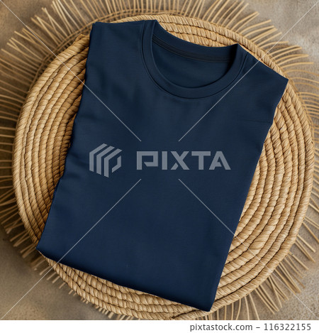 Folded tshirt mockup. Crewneck t-shirt front view. Unisex tee mock up. Flat lay folding Bella Canvas 3001 blank shirt, here your design template. Square fold t-shirt, top view 116322155