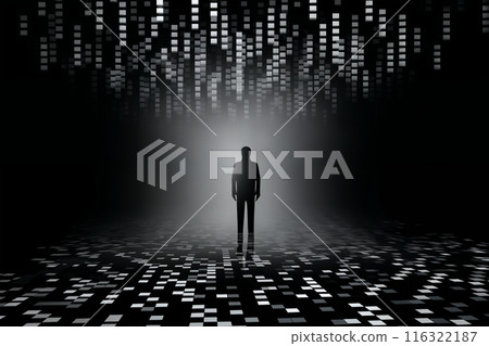 a man stands in the distance in space, surrounded by a lot of dark and black blocks and cubes on the floor and walls, in the style of 3D rendering 116322187