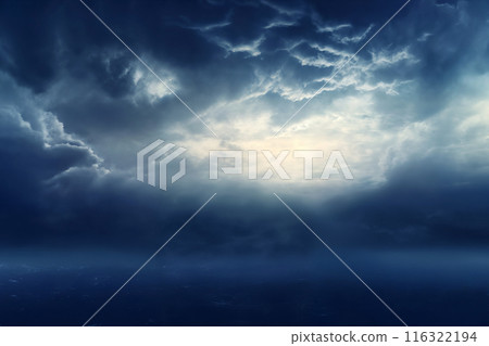 dark dramatic stormy sky with cumulus clouds over stormy sea with waves for abstract background 116322194
