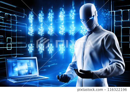 android robot works with computer and data against background of abstract digital space with holographic elements and lights, cyber future 116322196