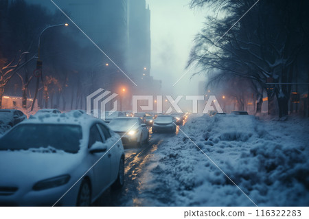 snow covered road in a winter city, traffic jam, concept of traffic safety on a slippery road snow covered road in a winter city, traffic jam, concept of traffic safety on a slippery road 116322283