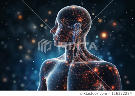 silhouette of a human body with neural connections in form of a hologram on a dark background with light, an abstraction of digital art, concept of biotechnology of future 116322284