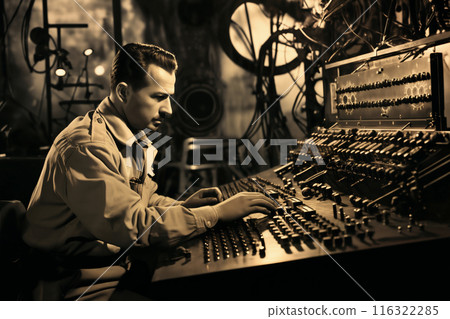 A military man uses a control panel and equipment in a laboratory in the forest, in the style of a photo reportage A military man uses a control panel and equipment in a laboratory in the forest, in the style of a photo reportage 116322285
