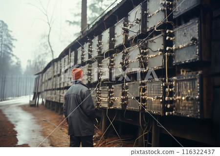 The employee uses equipment and devices in an open-air laboratory in the forest, in the style of a photo reportage 116322437