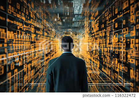 businessman standing with his back to the viewer, in front of a tunnel of orange cubes and augmented reality particles, computer technologies of the future, the concept of cybernetics 116322472