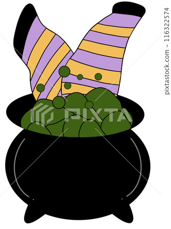 Halloween witch leg in cauldron  116322574
