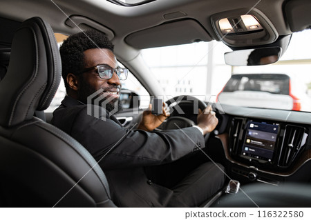 Businessman buying car at dealership sitting inside vehicle 116322580