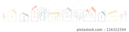 Hand-drawn line drawing of cute houses lined up_horizontal_5 dull colors 116322594