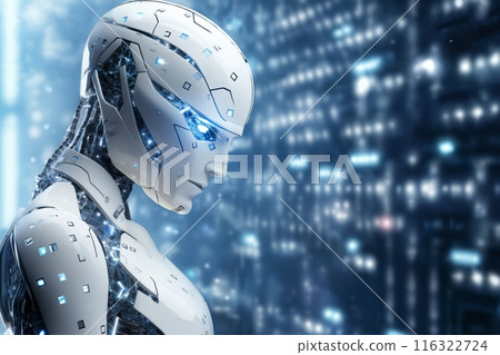 digital computer robot android in a space of holographic elements and lights, abstract background, cyber future, digital art concept 116322724