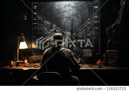 A military man watches the monitor screens of a video surveillance system in a secret base in the forest, a dark atmosphere 116322725