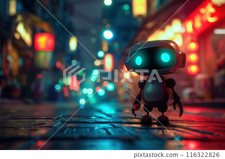 A small robot stands on a city street, bathed in the glow of neon lights, looking out at the bustling cityscape. A small robot stands on a city street, bathed in the glow of neon lights, looking out at the bustling cityscape. 116322826