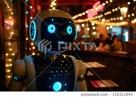 A futuristic robot stands at a bar, observing the bustling evening crowd. A futuristic robot stands at a bar, observing the bustling evening crowd. 116322843