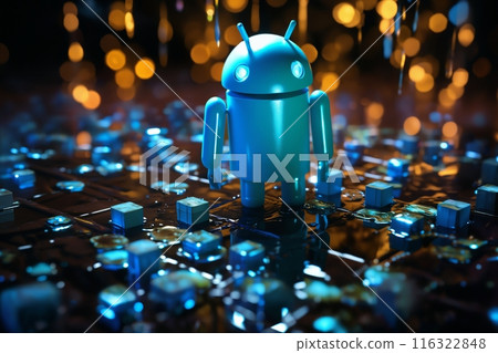 digital computer robot android in a space of holographic elements and lights, abstract background, cyber future, digital art concept 116322848