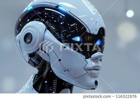 A close-up portrait of a robotic head, with bright blue eyes and a detailed, futuristic design. 116322876
