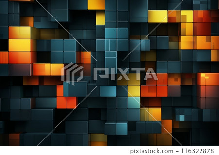 abstract dark mosaic background with many golden and red and blue block shapes, in the style of 3D rendering, digital art 116322878